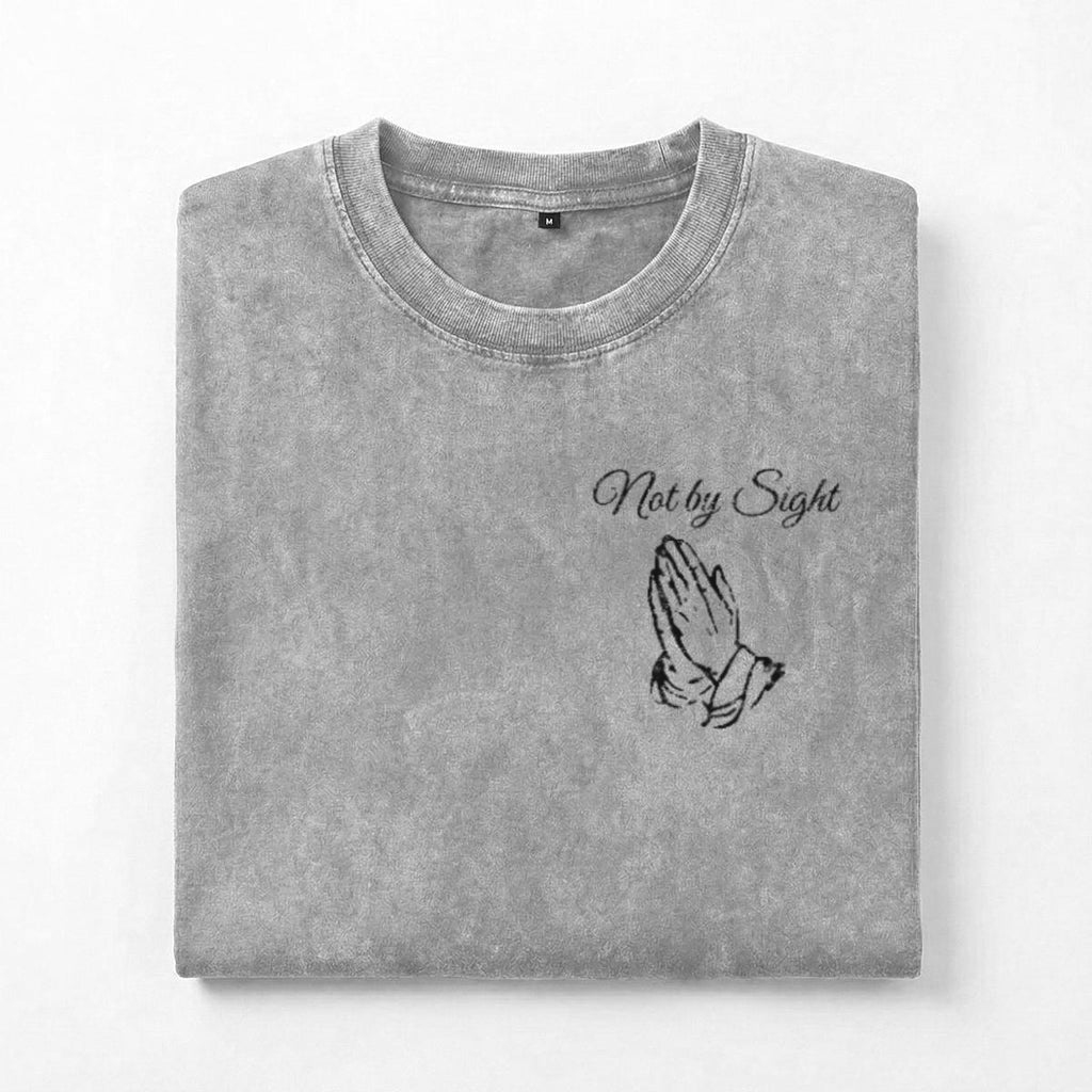 Not By Sight Heavyweight Tee | Left Chest Praying Hands | Grey