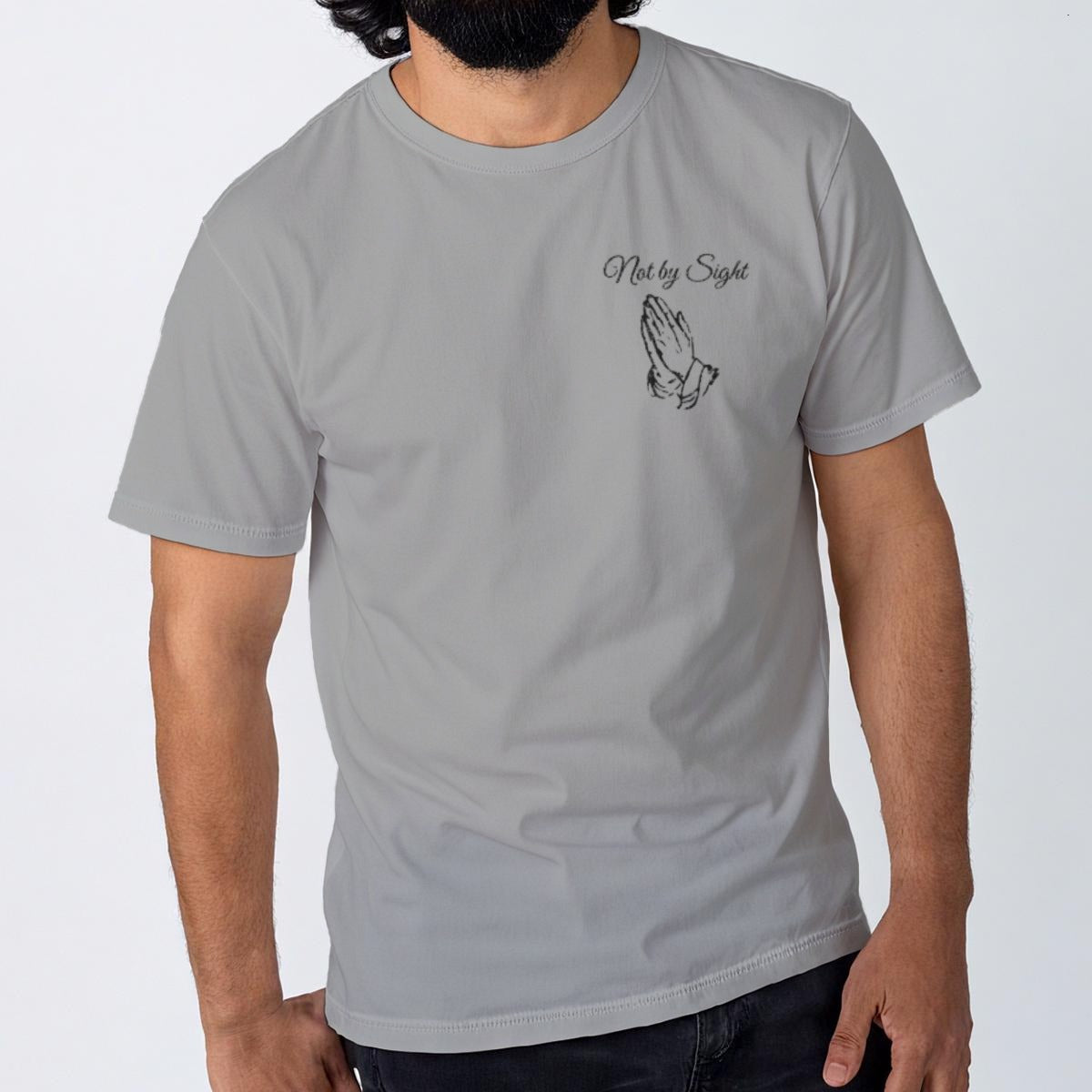 Not By Sight Tee | Left Chest Praying Hands | Heather Grey