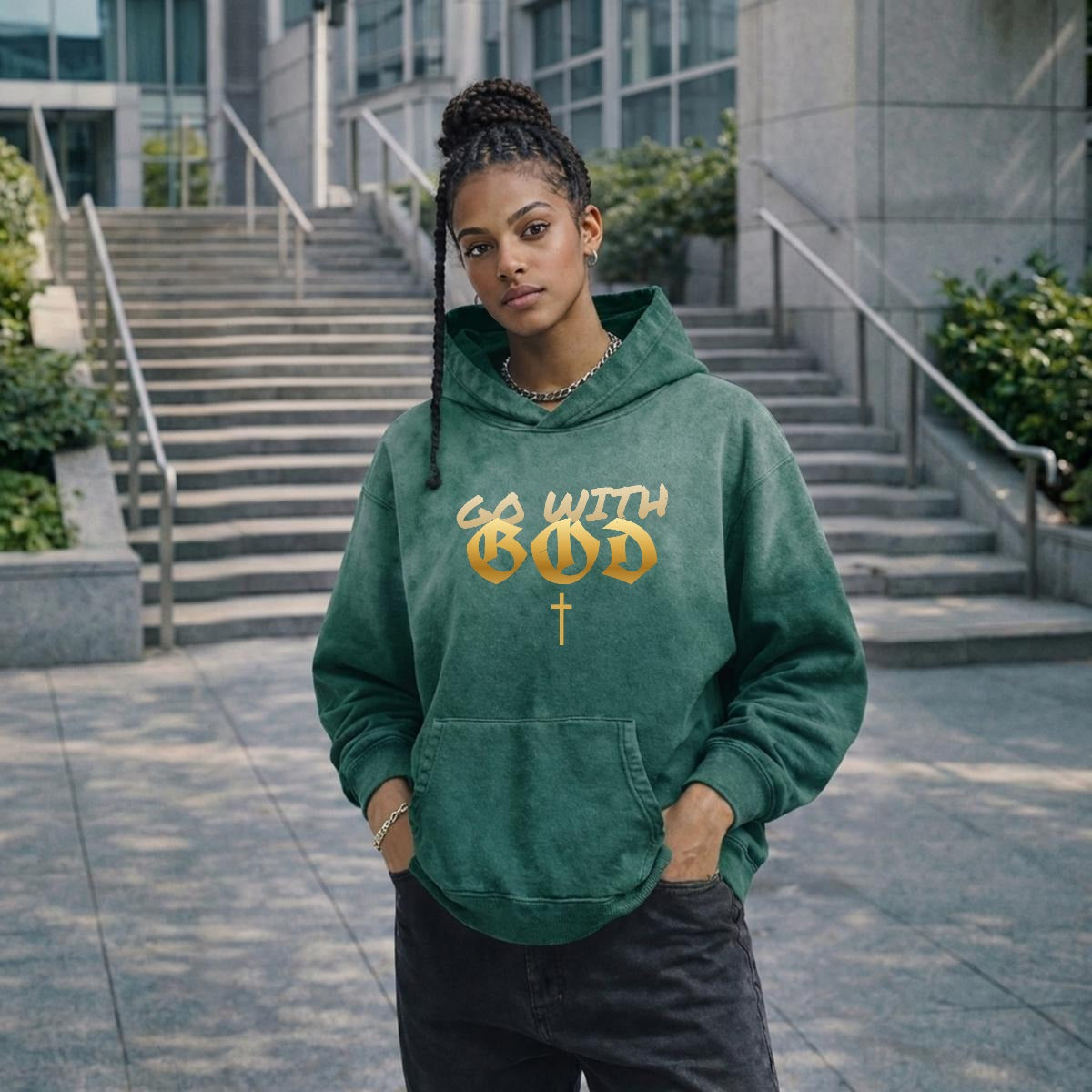 NM9 Heavyweight Hoodie | Go With God | Military Green / Tan
