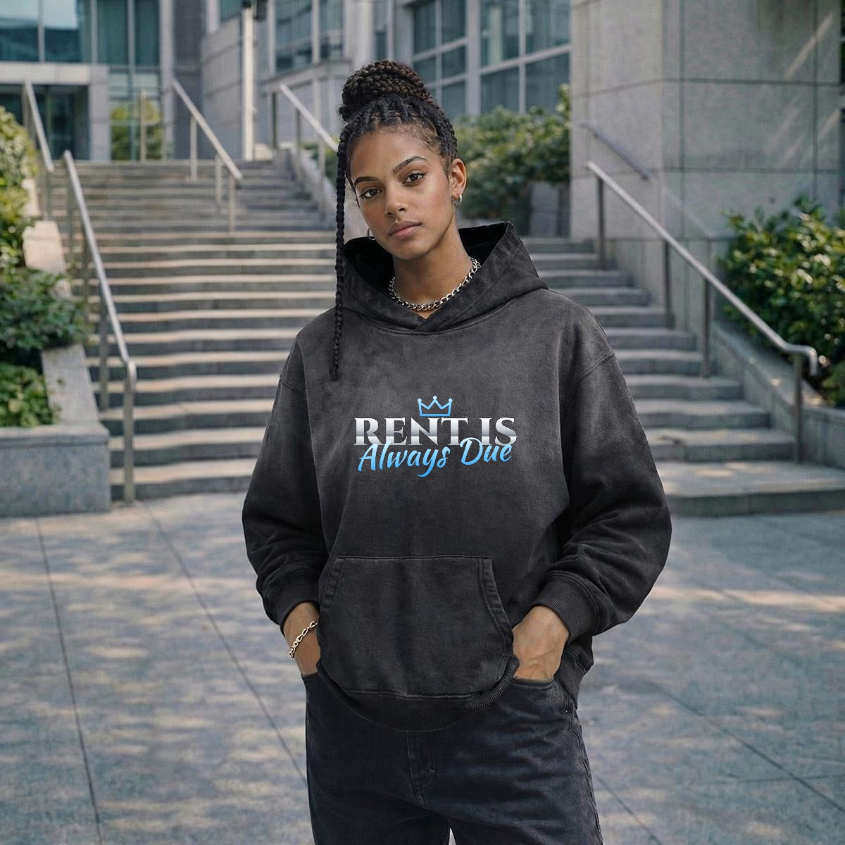 NM9 Heavyweight Hoodie | Rent Is Always Due | Black / Ice Blue