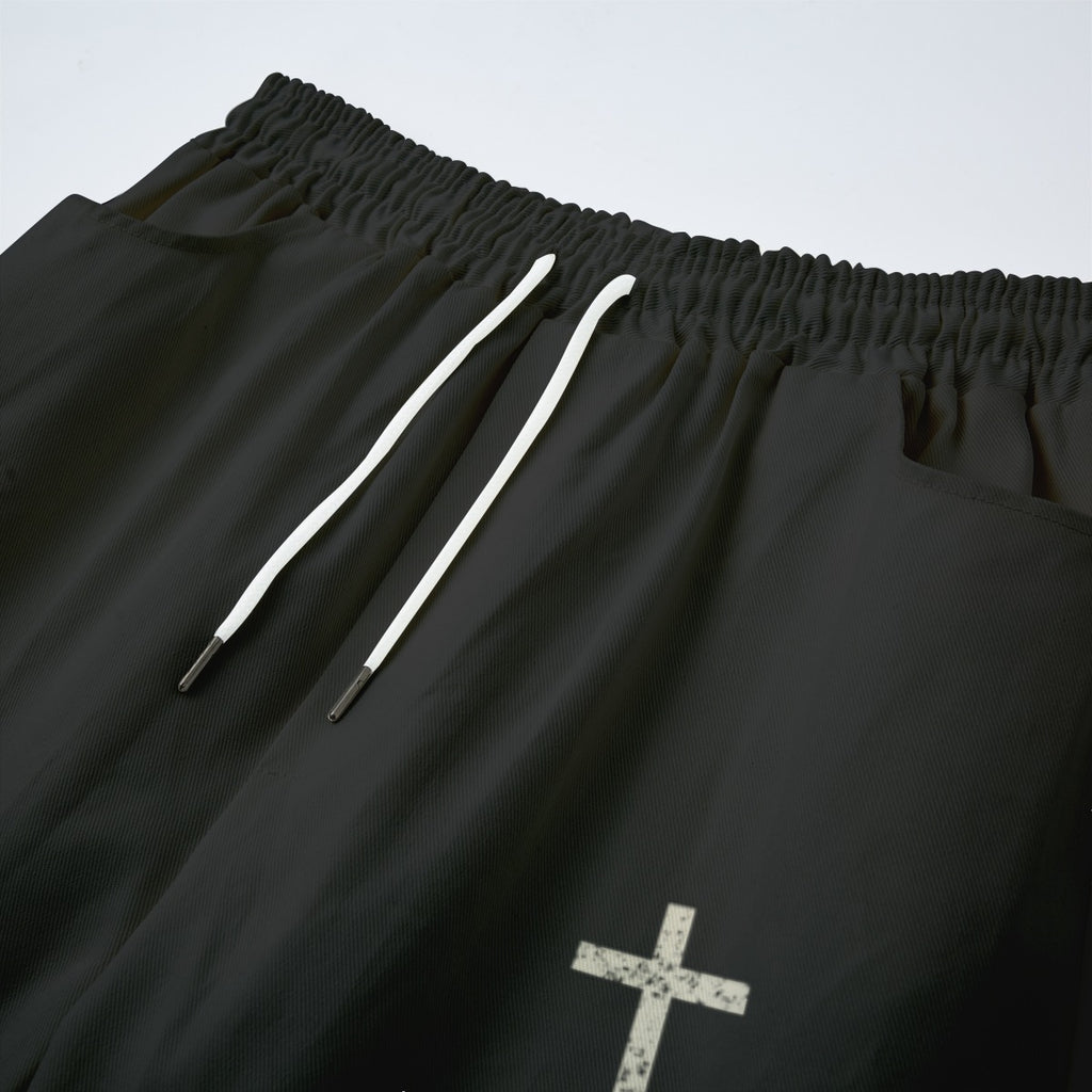 Not By Sight Open Hem Sweatpants | Leg Script + Cross | Black