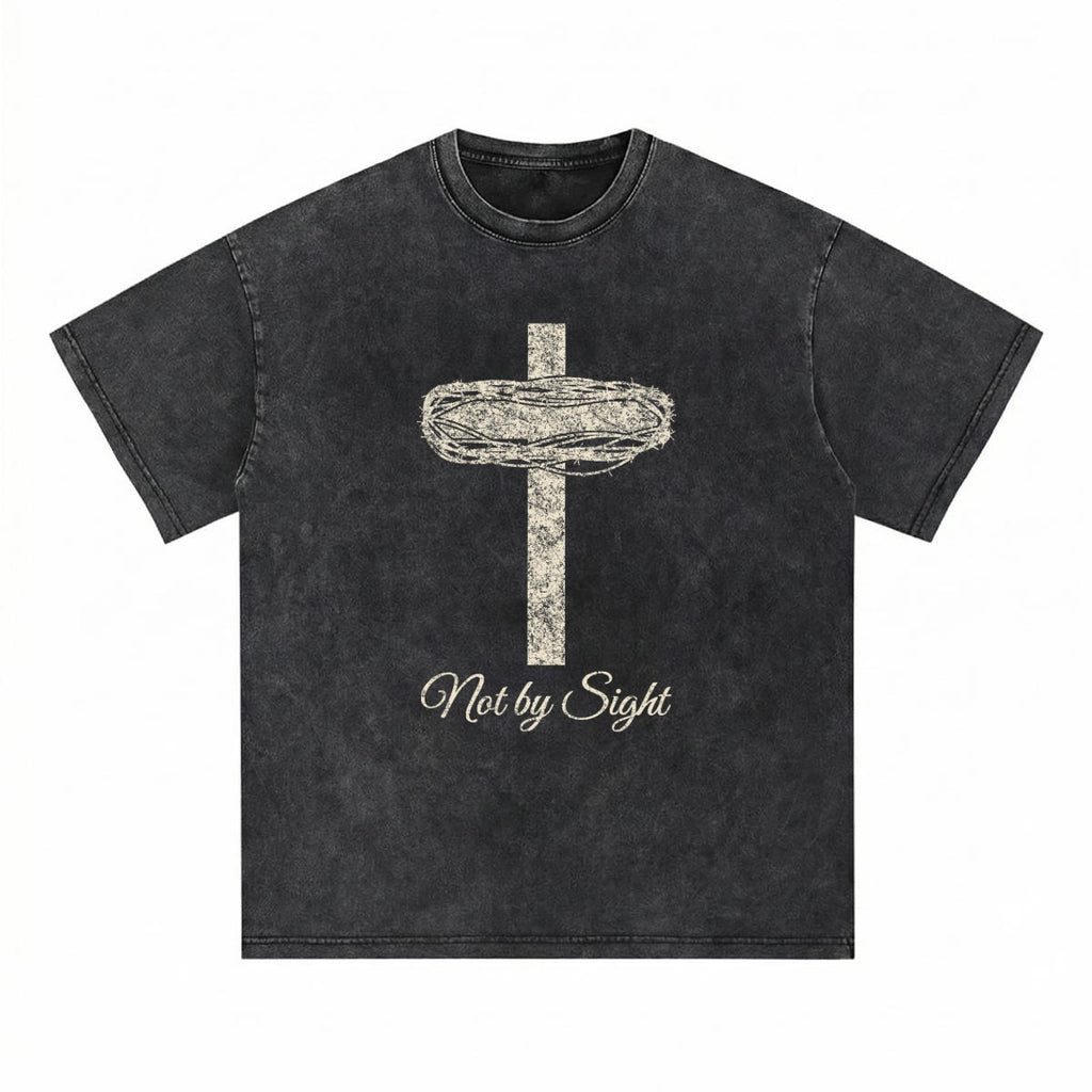 Not By Sight Heavyweight Tee | Crown of Thorns Cross | Black