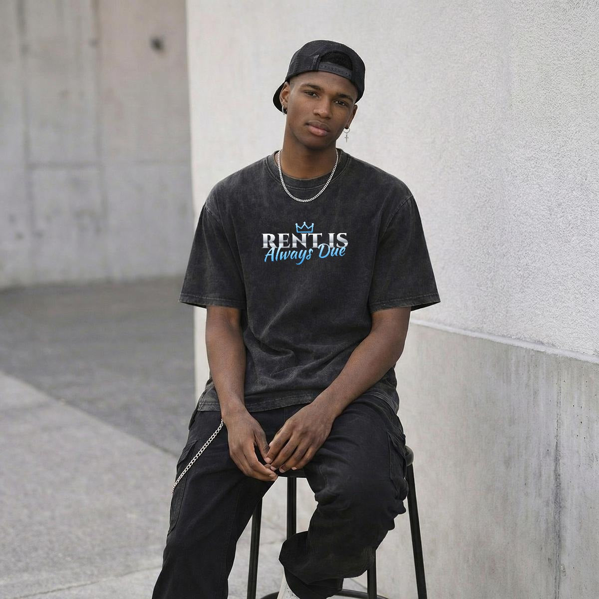 NM9 Heavyweight Tee | Rent Is Always Due | Black / Ice Blue