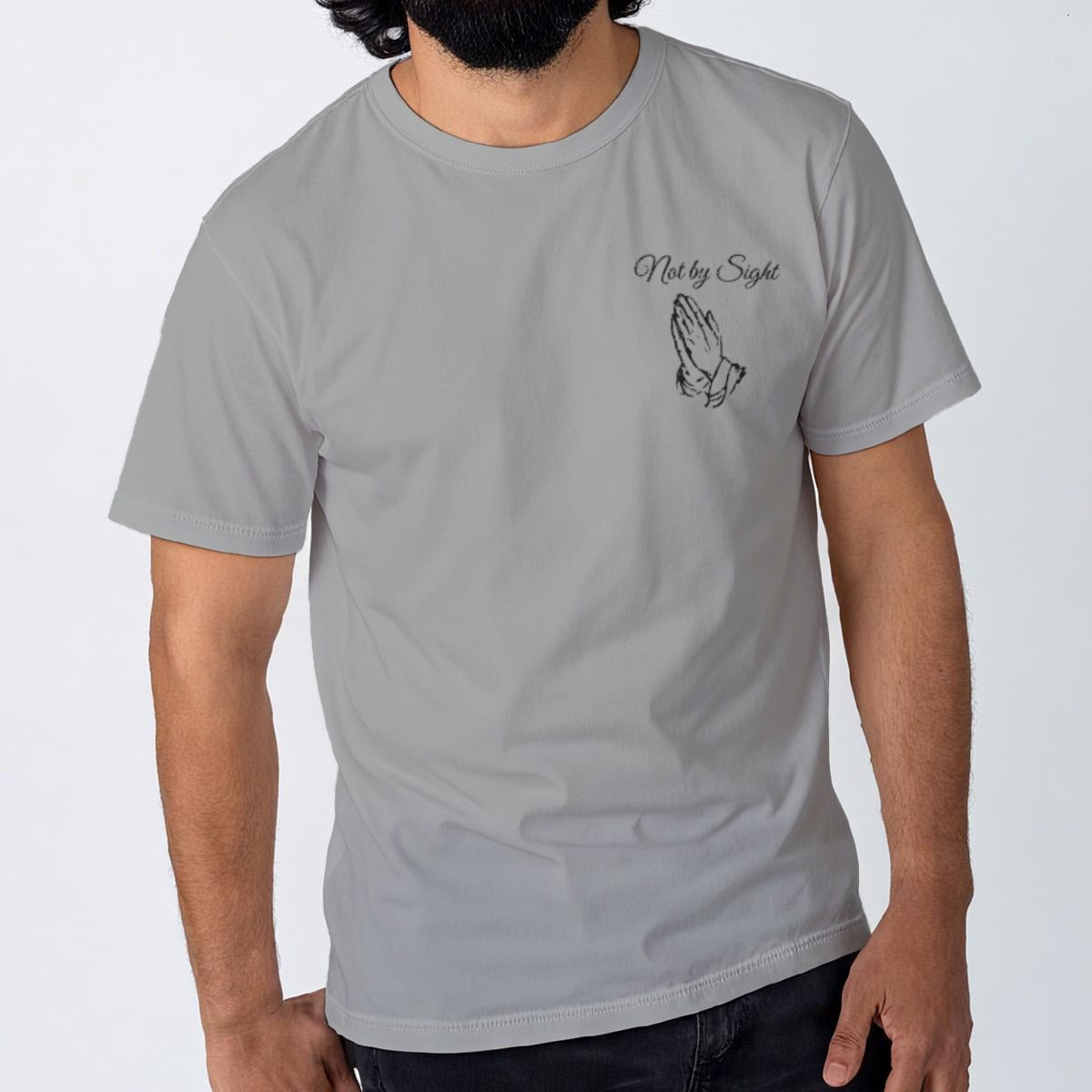 Not By Sight Tee | Left Chest Praying Hands | Heather Grey