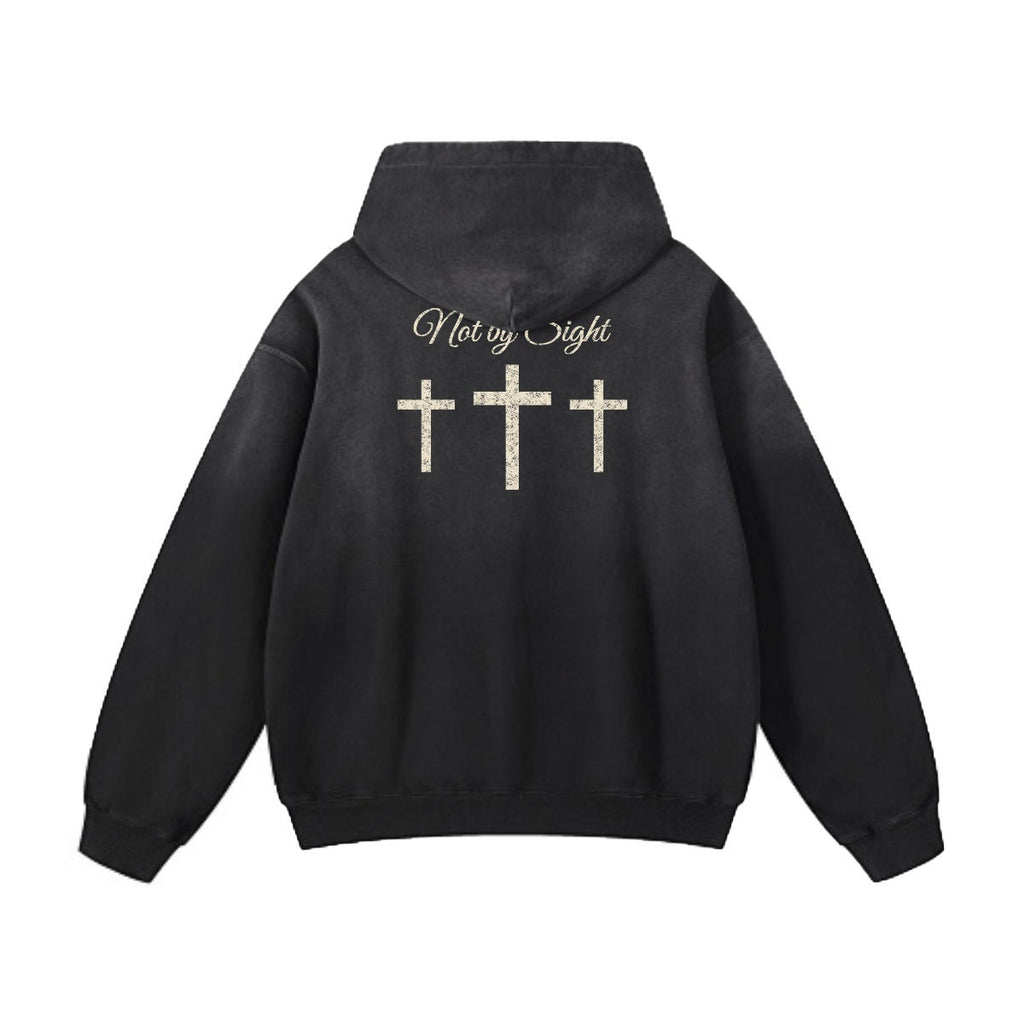 Not By Sight Heavyweight Hoodie | Praying Hands + 3 Crosses | Black