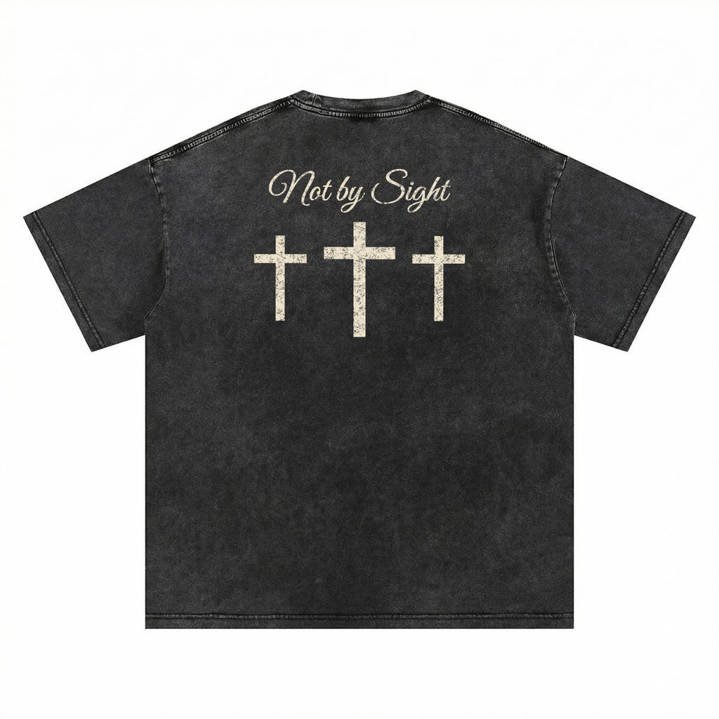 Not By Sight Heavyweight Tee | Script + Hands / 3 Crosses Back | Black