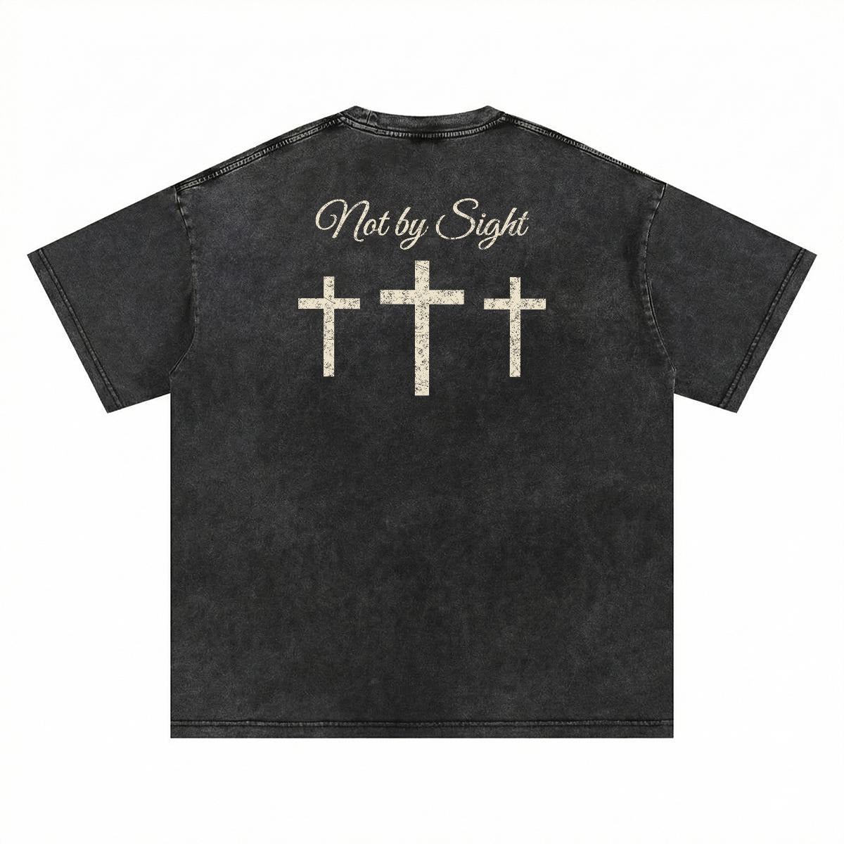 Not By Sight Heavyweight Tee | Script + Hands / 3 Crosses Back | Black