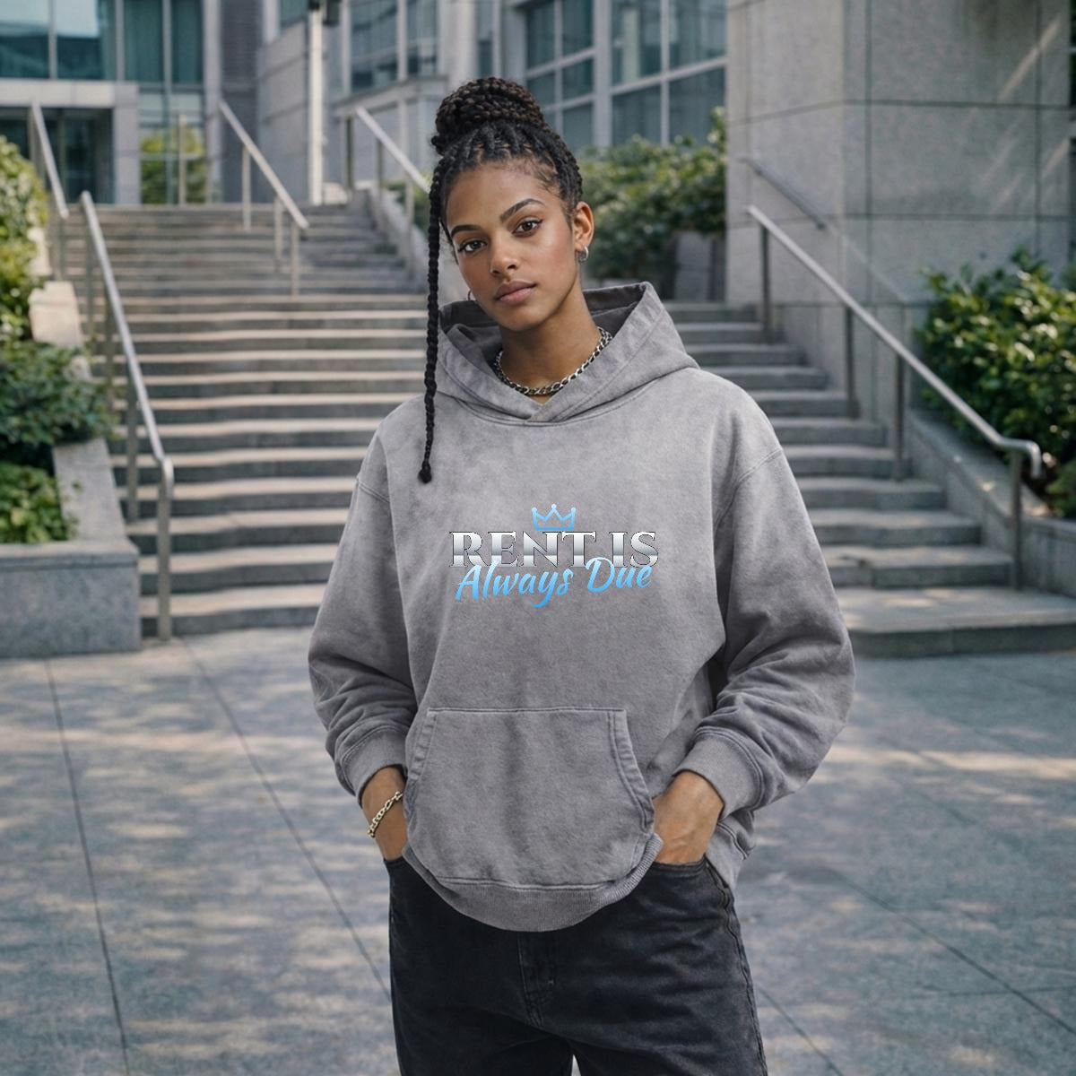 NM9 Heavyweight Hoodie | Rent Is Always Due | Charcoal / Ice Blue