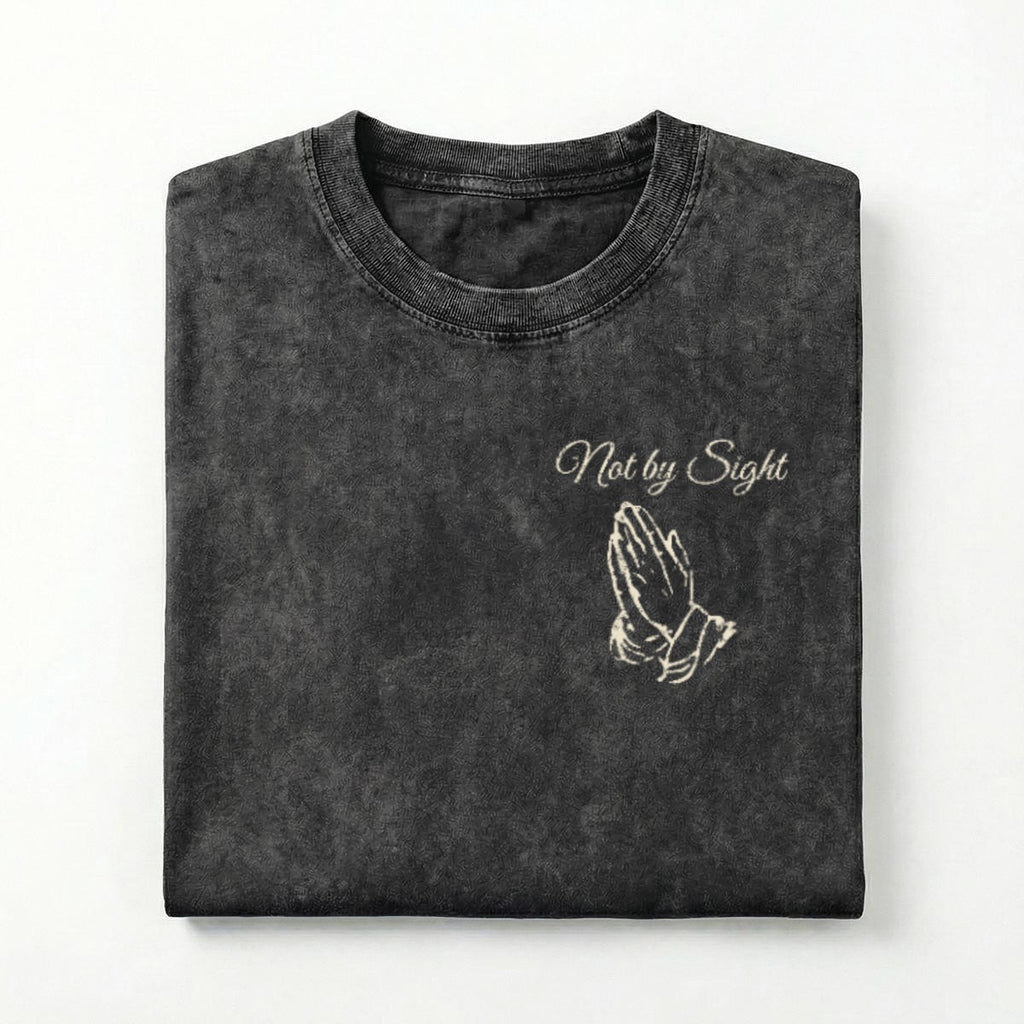 Not By Sight Heavyweight Tee | Script + Hands / 3 Crosses Back | Black