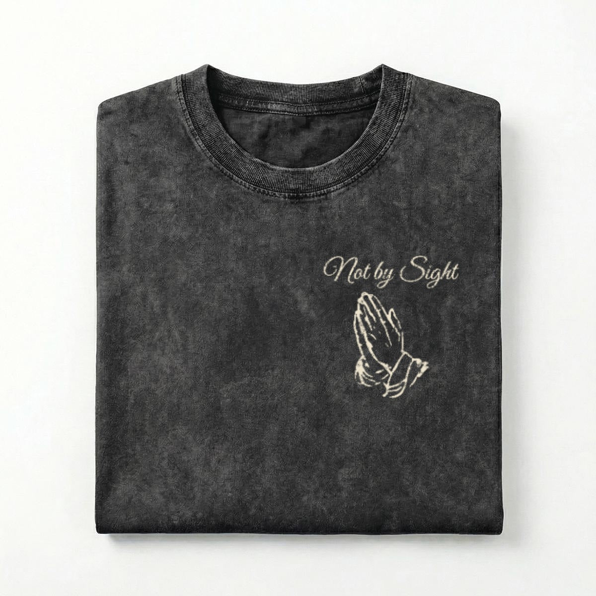 Not By Sight Heavyweight Tee | Script + Hands / 3 Crosses Back | Black