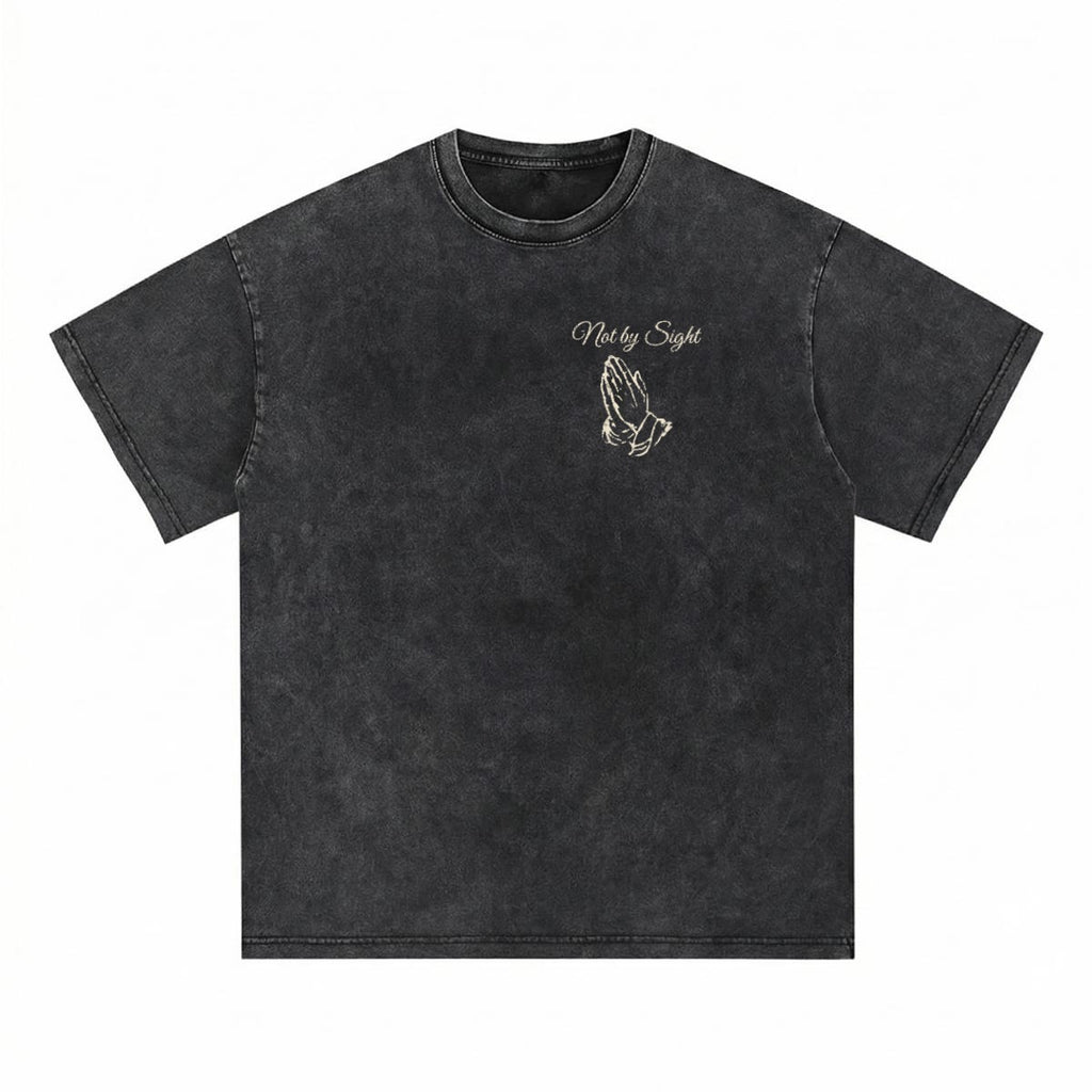 Not By Sight Heavyweight Tee | Script + Hands / 3 Crosses Back | Black