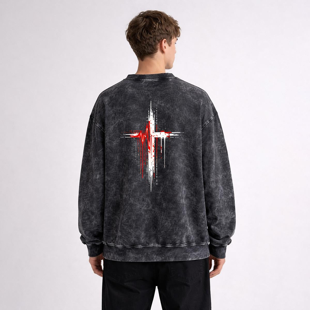 NM9 Bloodline Collection Heavyweight Crewneck | Heartbeat Cross | Black