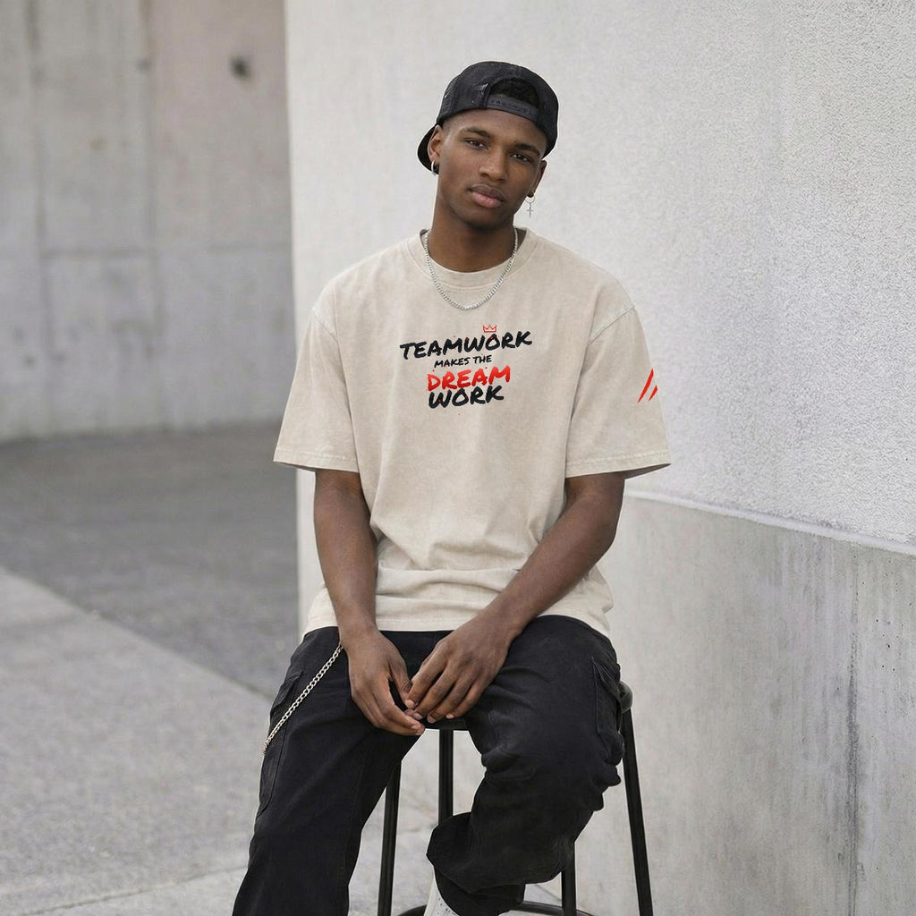 NM9 Heavyweight Tee | Teamwork Makes The Dream Work | Bone / Red