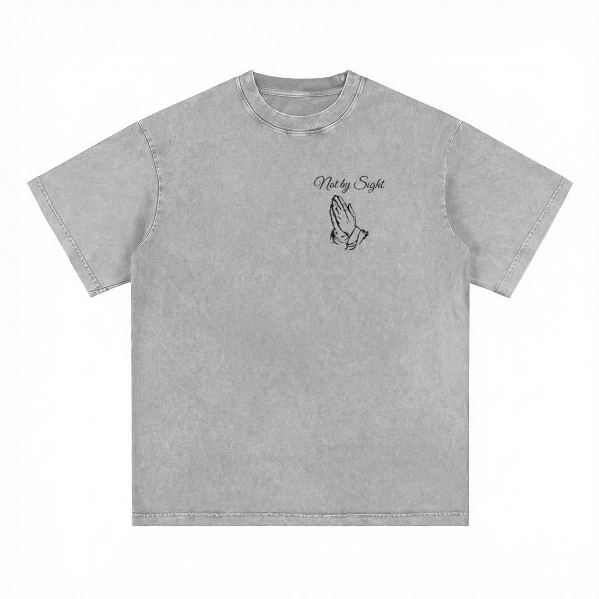 Not By Sight Heavyweight Tee | Left Chest Praying Hands | Grey