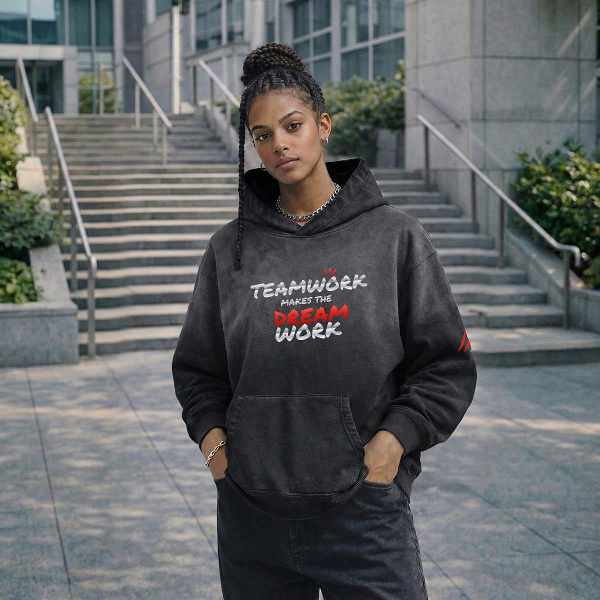 NM9 Heavyweight Hoodie | Teamwork Makes The Dream Work | Black / Red
