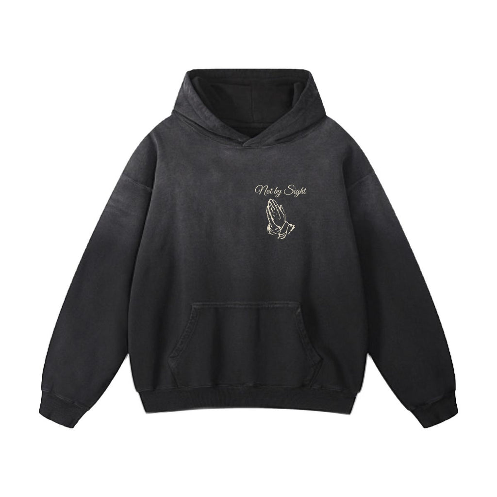 Not By Sight Heavyweight Hoodie | Praying Hands + 3 Crosses | Black