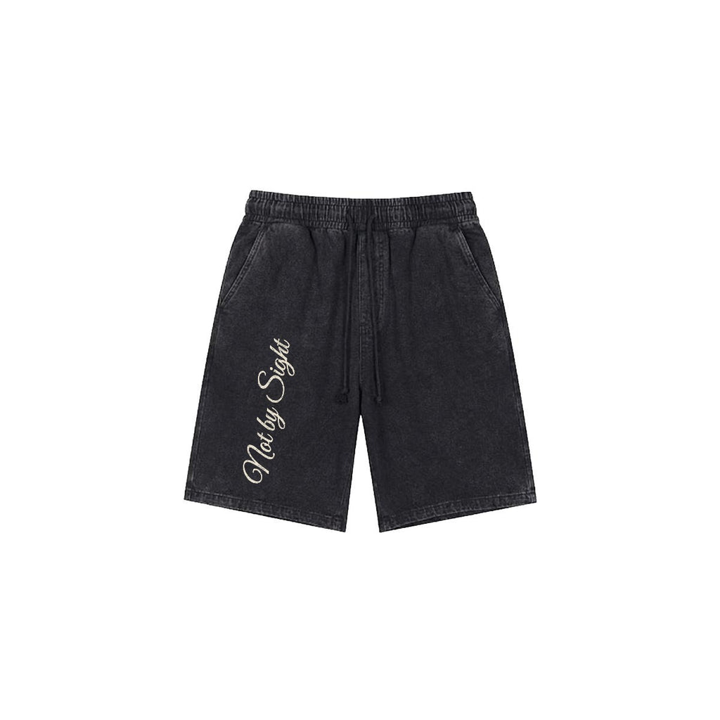 Not By Sight Heavyweight Sweat Shorts | Leg Script | Black