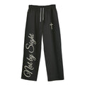 Not By Sight Open Hem Sweatpants | Leg Script + Cross | Black