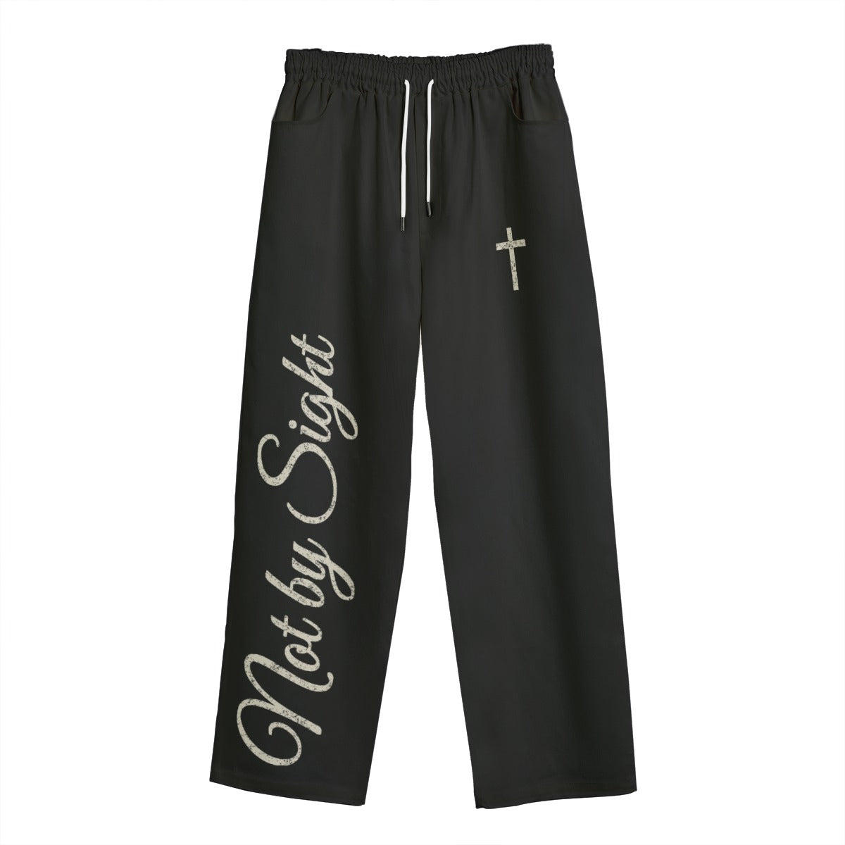 Not By Sight Open Hem Sweatpants | Leg Script + Cross | Black