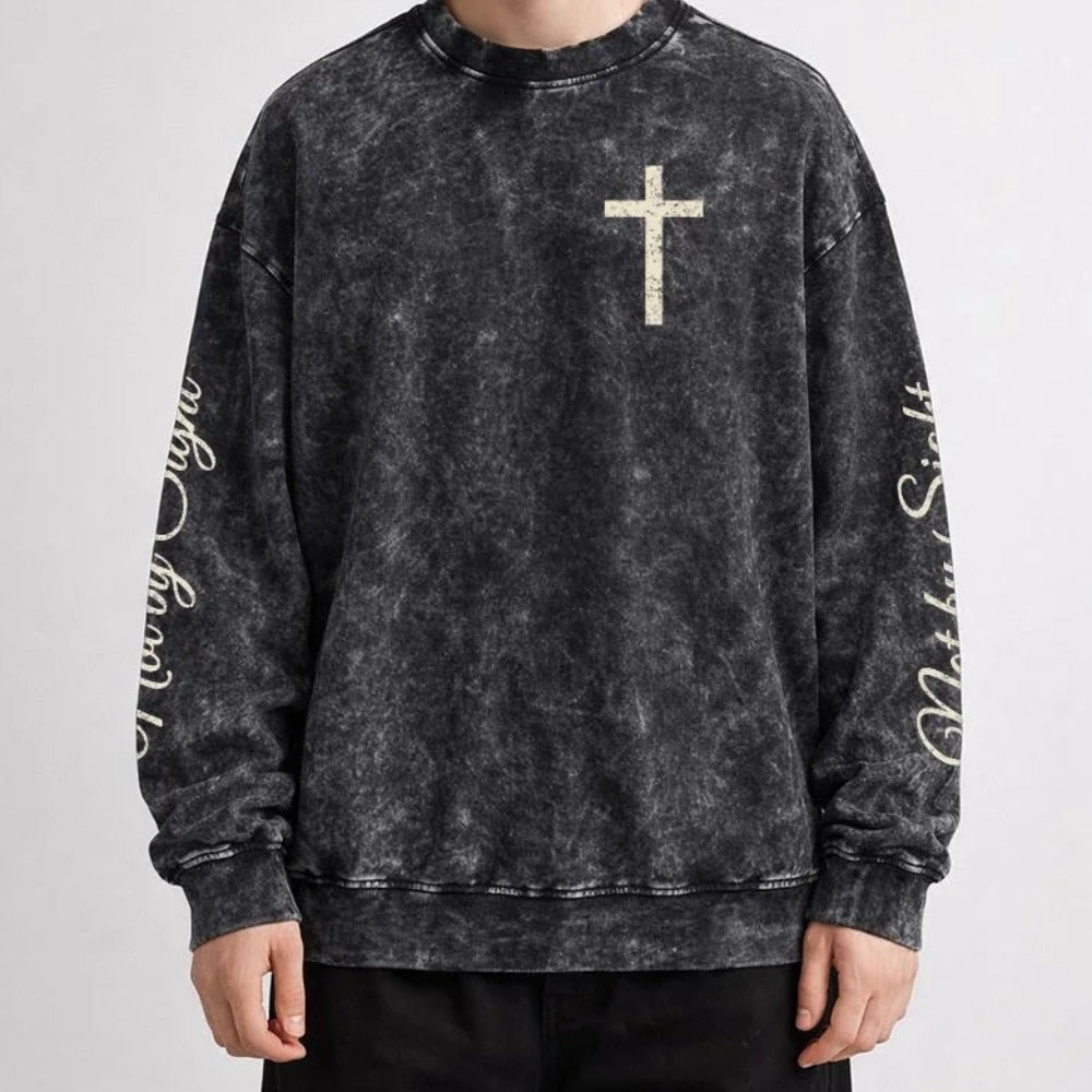 Not By Sight Crewneck | Cross + Sleeve Script | Black