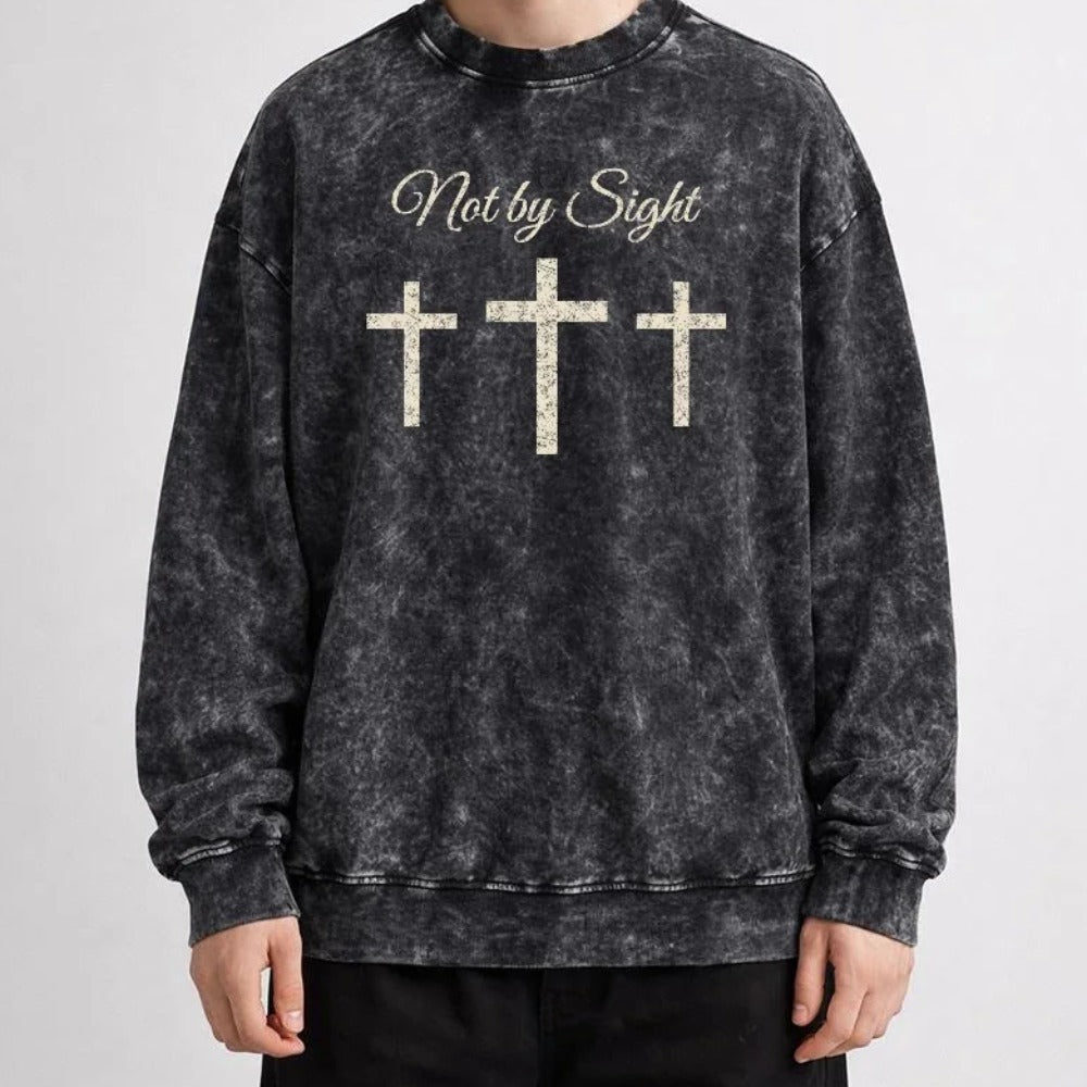 Not By Sight Crewneck | Script + 3 Crosses | Black